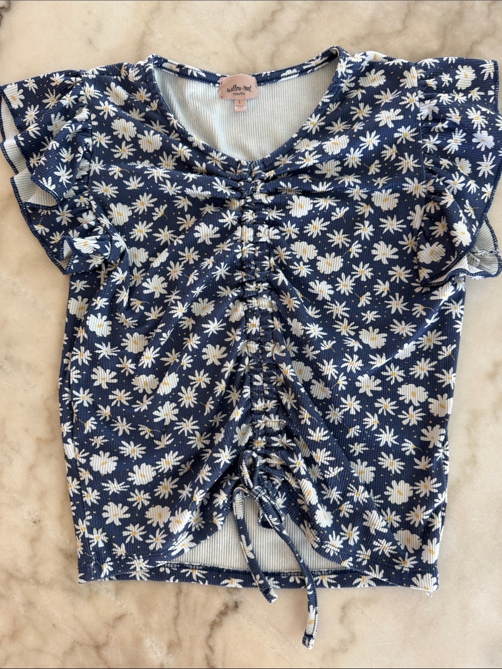 Girls Willow & Root Navy Daisy Ruched Front Crop Top